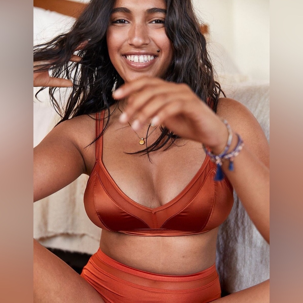 Aerie Satin Mesh Strappy Triangle Bralette Bra Burnt Orange S